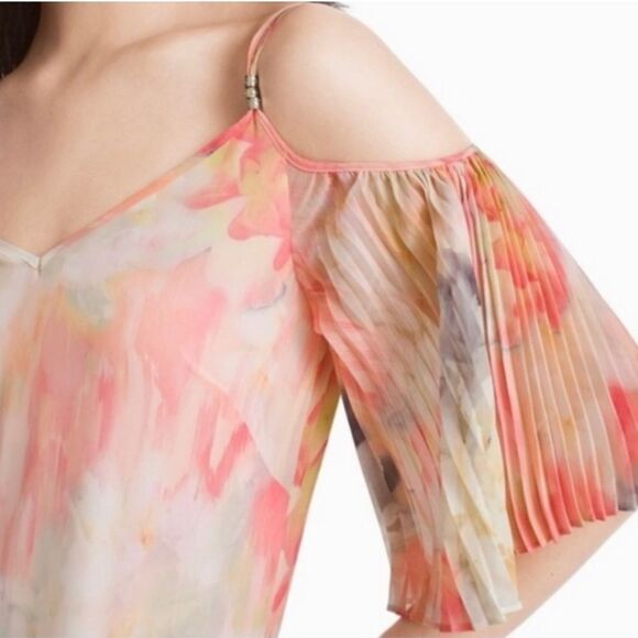 WHBM | Cold Shoulder Pleat Sleeve Watercolor Print Dress, Size 00 - Picture 3 of 9